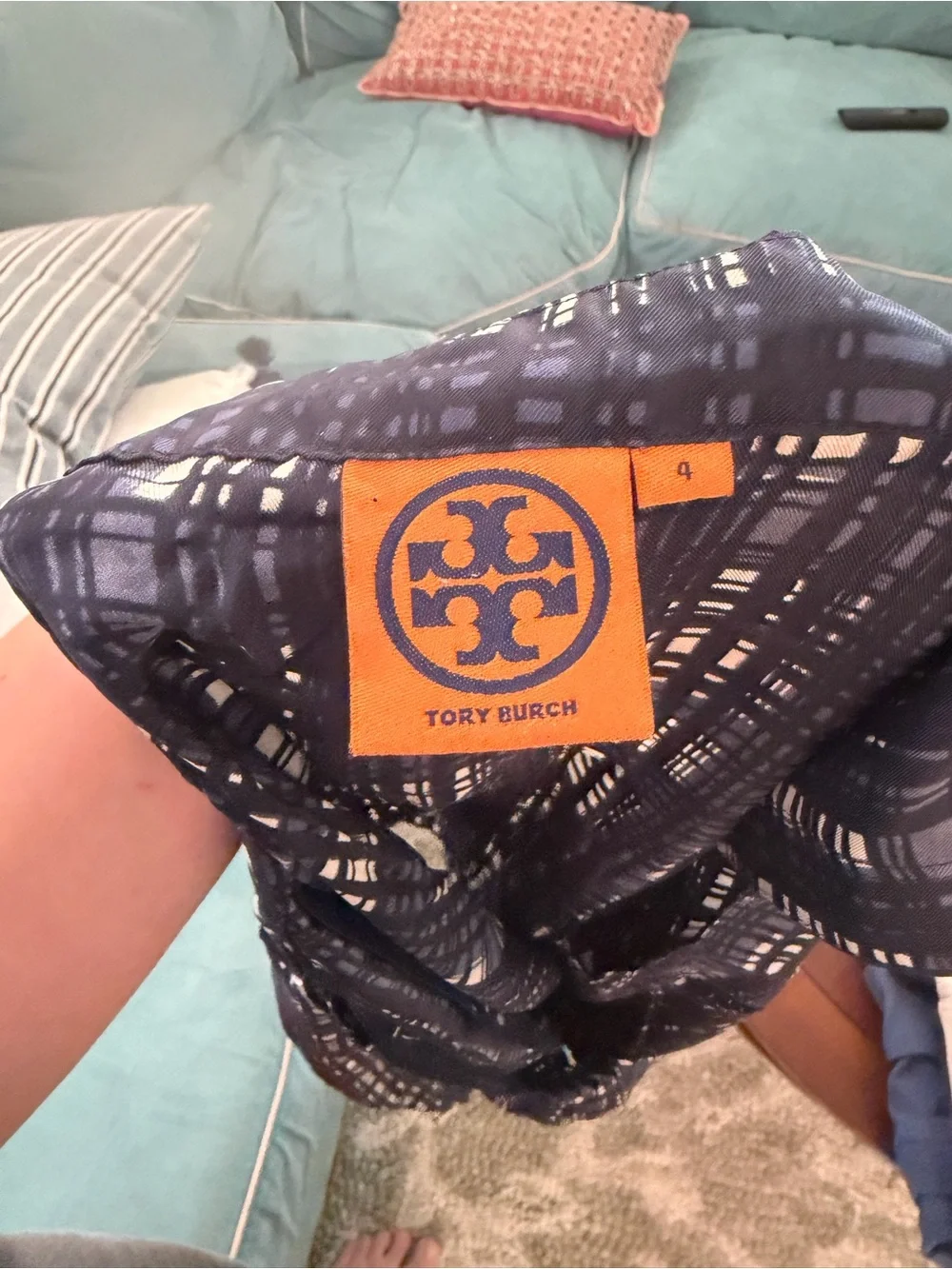 Tory Burch Navy Plaid Tie-Neck 100% Silk